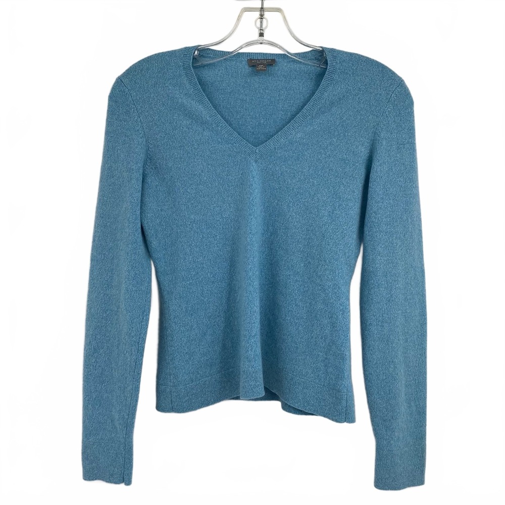 Ann Taylor Blue Cashmere V-Neck Pullover | Petite XS